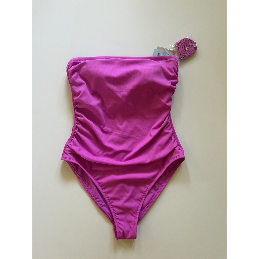 Shade & Shore Ribbed High‑Leg Bandeau 1-Piece Swimsuit Women's L Pink NWT